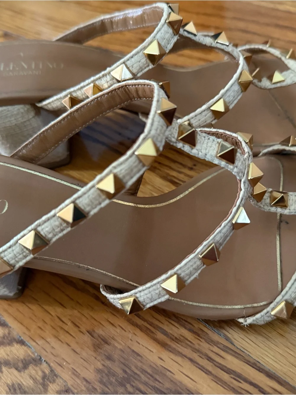 Valentino Garavani Gold Pyramid-Stud Strappy Heels